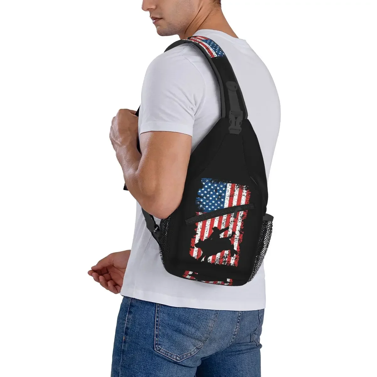 Bull Rider, Rodeo, American Flag Chest Bag Men Sling Crossbody Backpack Chest Bag Traveling Hiking Daypack Shoulder Bag