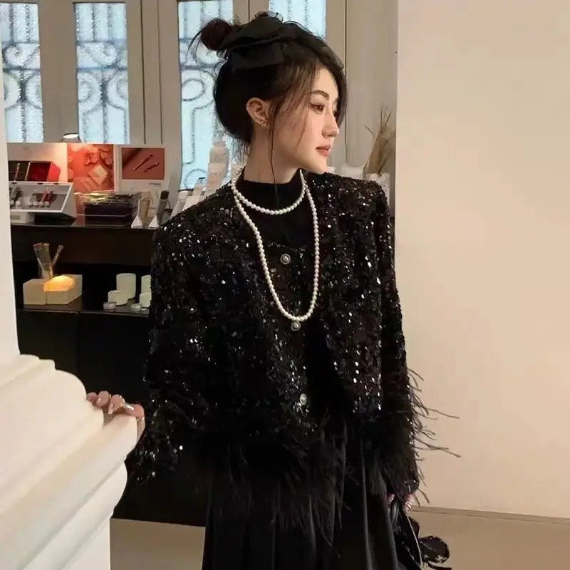 Small fragrant celebrity fashionable age reduction heavy industry sequined fluffy splicing jacket thin top