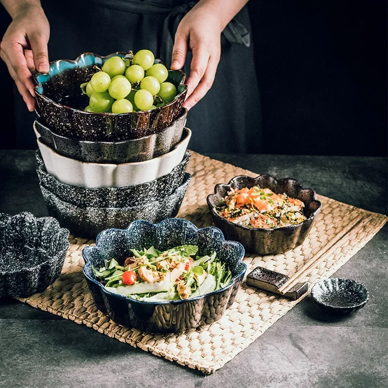 LingAo-Japanese Vintage Ceramic Household Large Capacity Flower Salad Fruit Soup Bowl