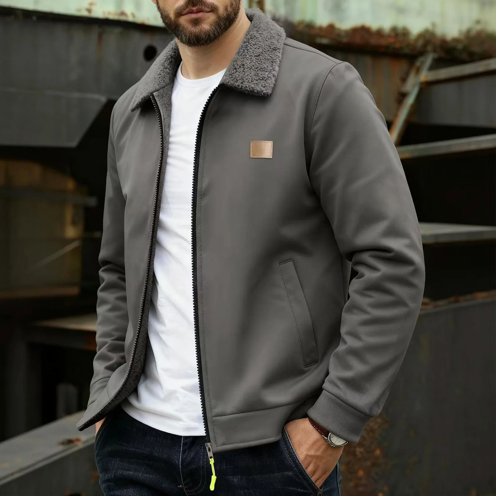 

Gray Fleece-Lined Zipper Jacket Winter Suit Short Trench Coat Suit Jacket Formal Fashion Notch Lapel Herringbone Coat For Daily