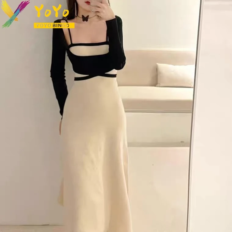 Elegancka imprezowa komplet z dzianiny sznurowana krótki Top z kwadratowym dekoltem na ramiączkach sukienka wiosenna dopasowana sweter typu Bodycon