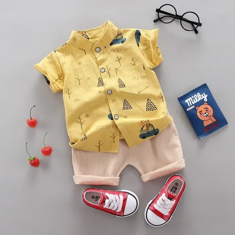 Summer Toddler Set Children Print Bear Short Sleeved Shirt Shorts Sets Baby Boys Outdoor Standing Collar Tops Fashion Kids Suit