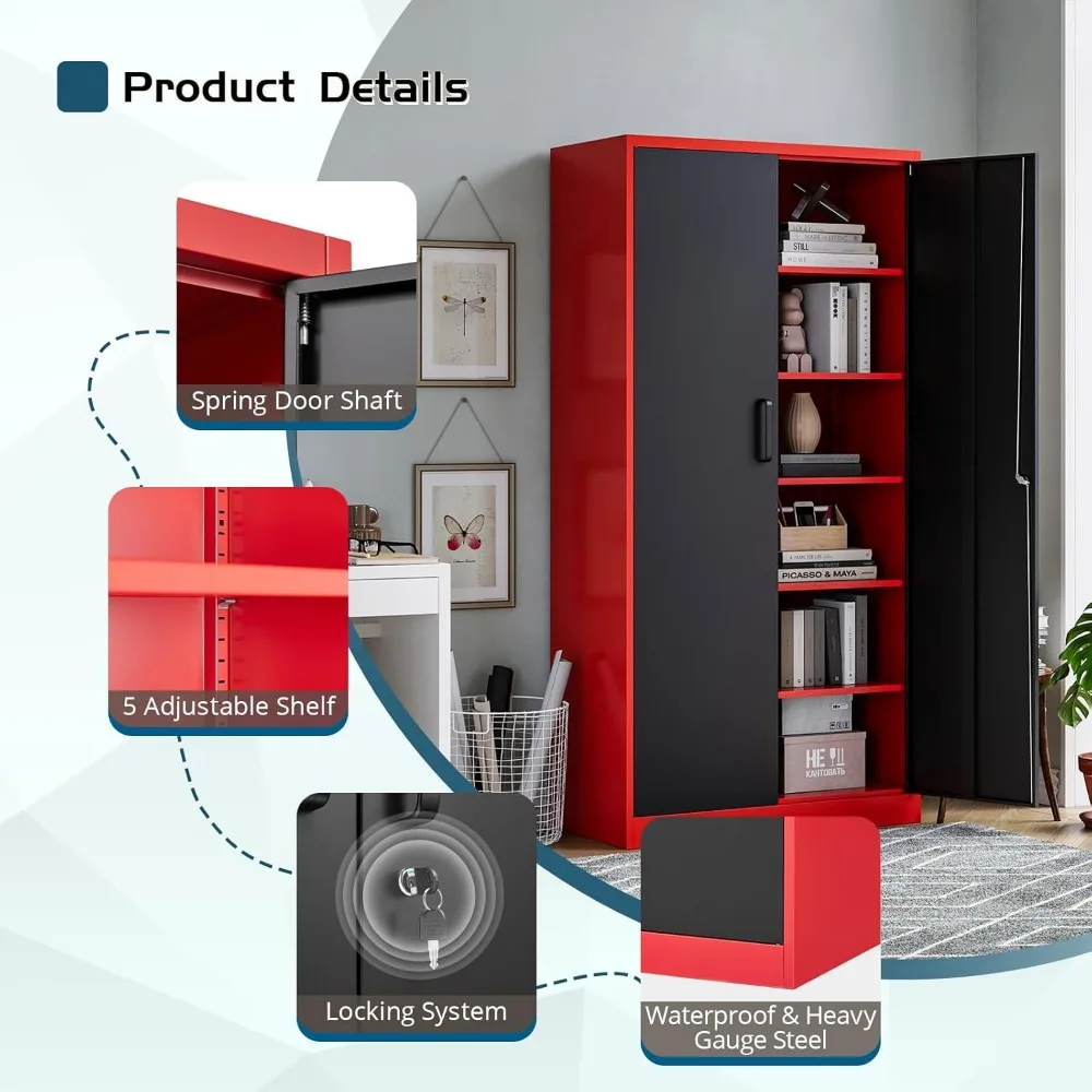 Gabinete alto de almacenamiento de acero con 5 estantes, puertas con cerradura para una organización segura de despensa de garaje