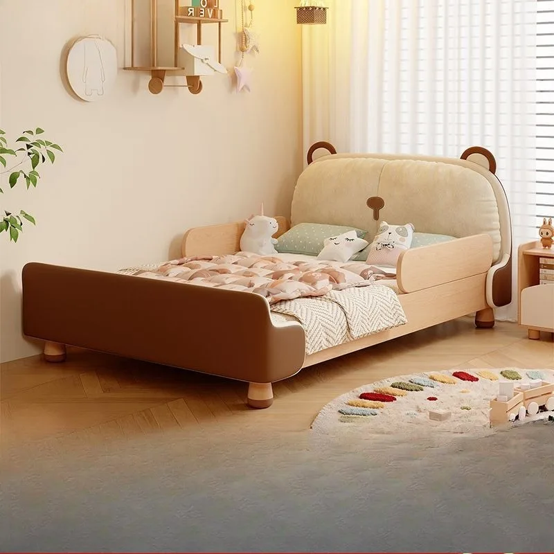 Hug bear bed, boys and girls princess bed, ash wood solid wood children's fun wind soft bag guardrail bed