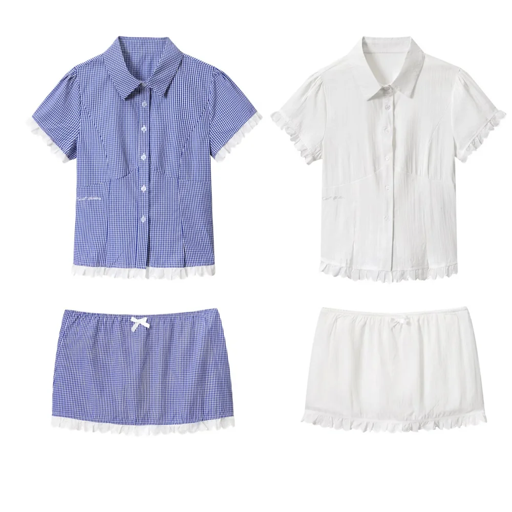 

Летний новый продукт, мода и отдых, студенческий стиль, короткая клетчатая кружевная юбка, брюки, клетчатая рубашка