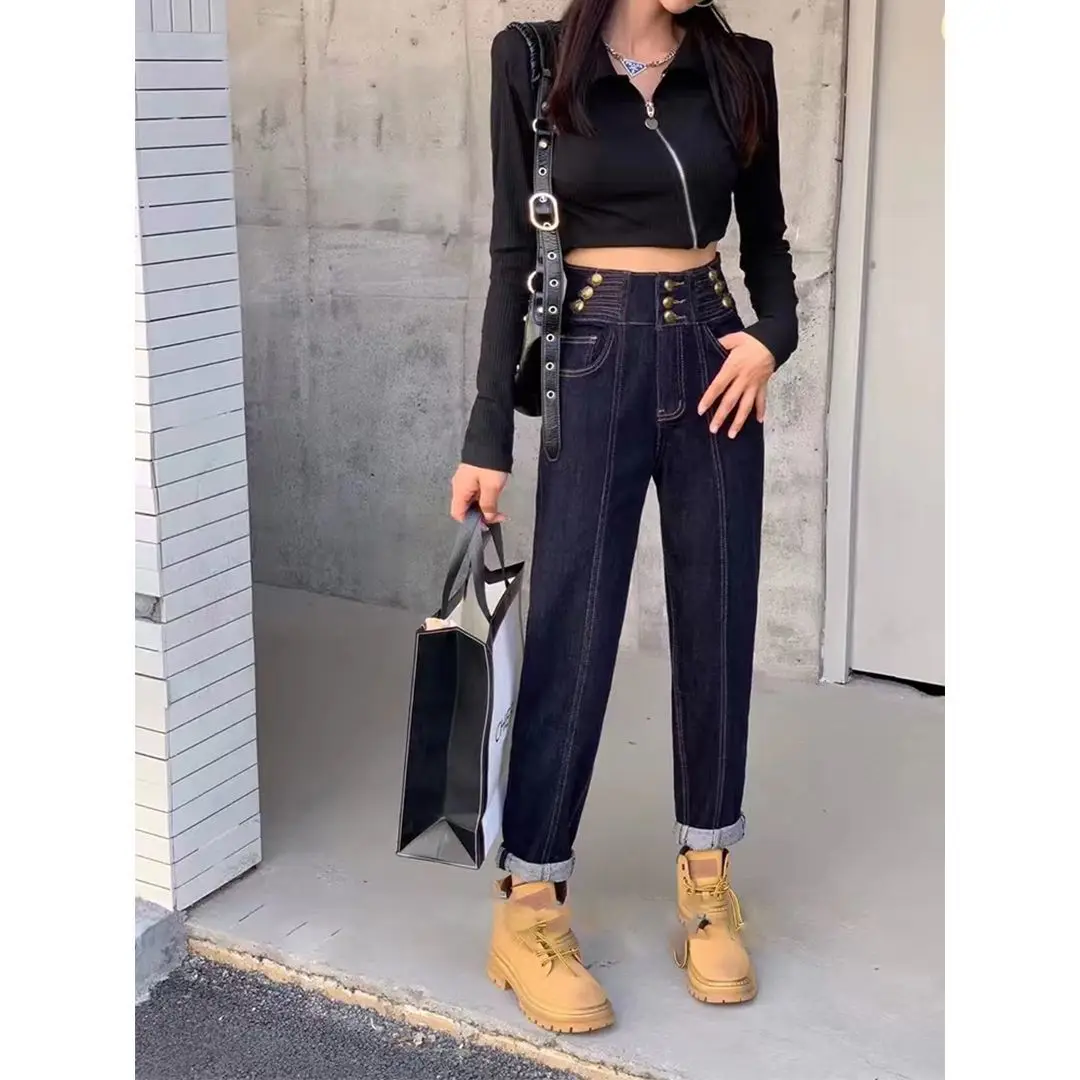 New Fashion Blue Multiple Buckles Baggy Slouchy Jeans Women High Waisted Trousers Woman Boyfriends Girls Loose Haren Denim Pants