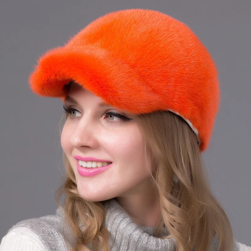 Whole Skin Mink Fur Straw Hat Orange Whole Mink Baseball Hat Women's Mink Ear Protection Hat Winter