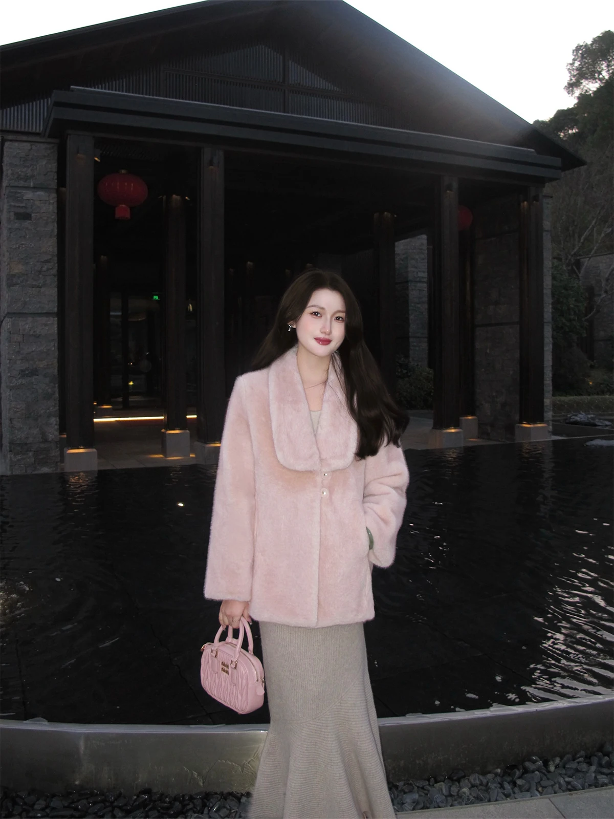 

Ele Vintage Collar Loose Winter Warm Faux Fur ort Coat Zhaouzhen Plum Oolong Tea Women's Outerwear Long Sve Coat