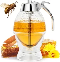 Honey Dispenser No Drip Glass,Maple Syrup Dispenser,Honey Jar with Stand,8 oz Beautiful Honey Comb Shaped Honey Pot