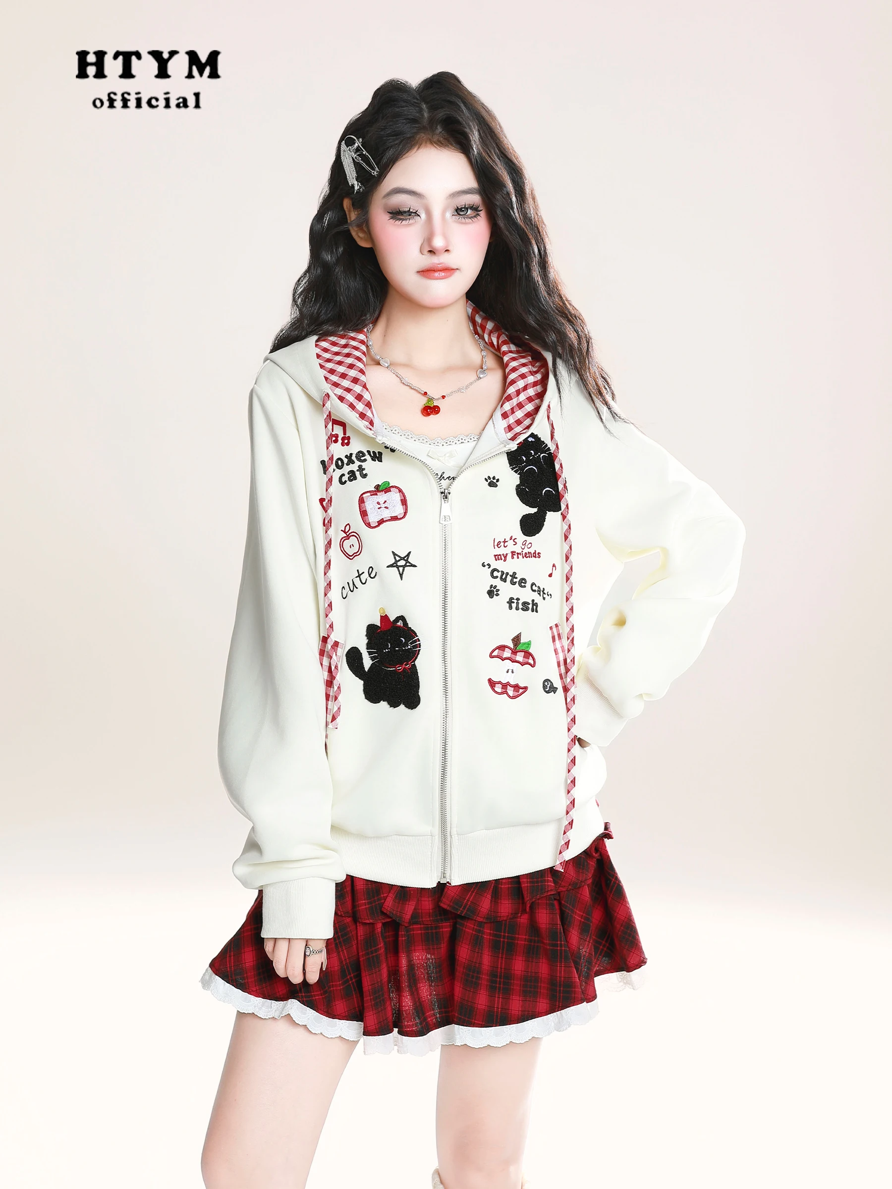 American Style Fashion Retro Cartoon Embroidery Plaid Patchwork Hoodies Lazy Casual Loose Zipper Sweatshirt Jacket Women Autumn