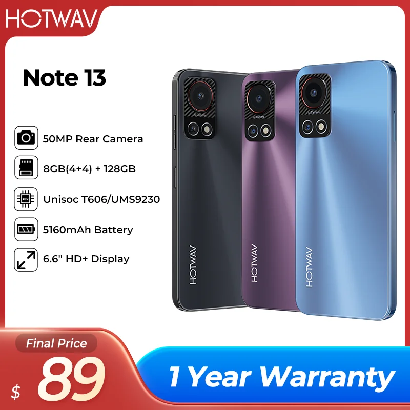 2024 오리지널 HOTWAV 노트 13 스마트폰, 안드로이드 13, 6.6 인치 HD + 8GB(4 + 4) RAM + 128GB ROM, 50MP 5160mAh 배터리 휴대폰 