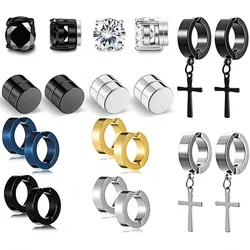 2pcs Punk Mens Strong Magnet Magnetic Ear Stud Set, Non Piercing Earrings Fake Cross Earrings Gift For Boyfriend Lover Jewelry