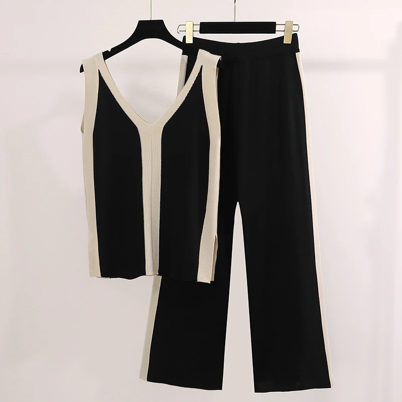 Women Summer Office Knit Loose Set Contrast Color V-neck Sleeveless Split Top Elastic Band Wide Leg Pants Vintage Two-piece Set