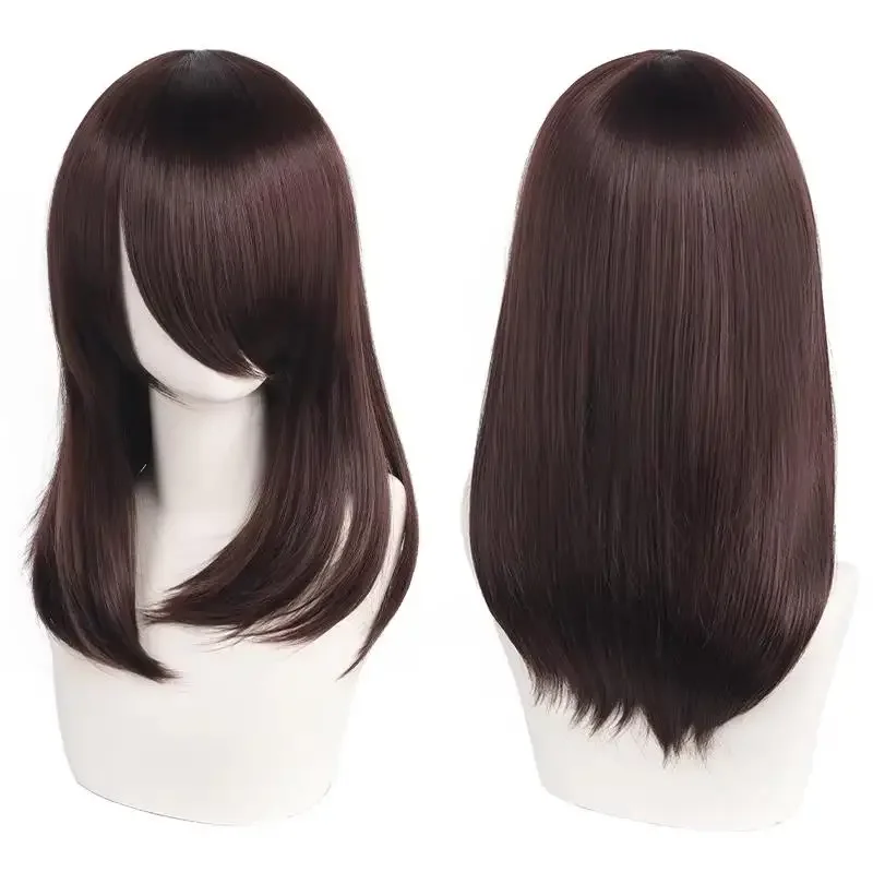 QQXCAIW High Quality 40cm Medium Cosplay Wig With Bang Black Blond Pink Red Blue Purple Heat Resistant Synthetic Hair Wigs