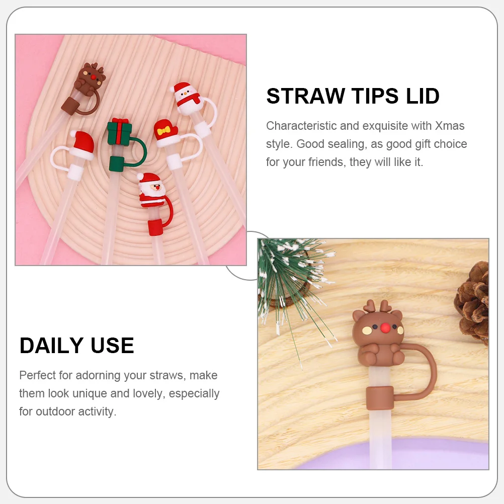 

6pcs Christmas Toppers Cute Caps Drinking Tips Airtight Silicone Covers Reusable Covers For Tumblers Outdoor Party Picnic Xmas