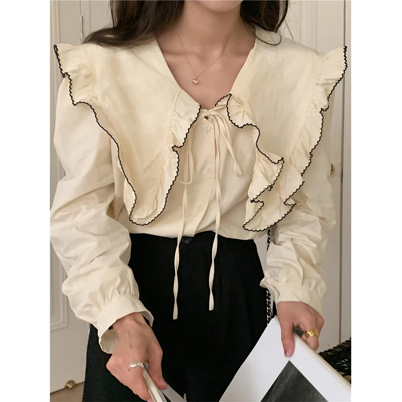 MEXZT Vintage Ruffles Shirts Women Elegant Black Patchwork Long Sleeve Blouses Office Ladies Korean Bandage Casual Chic Tops New