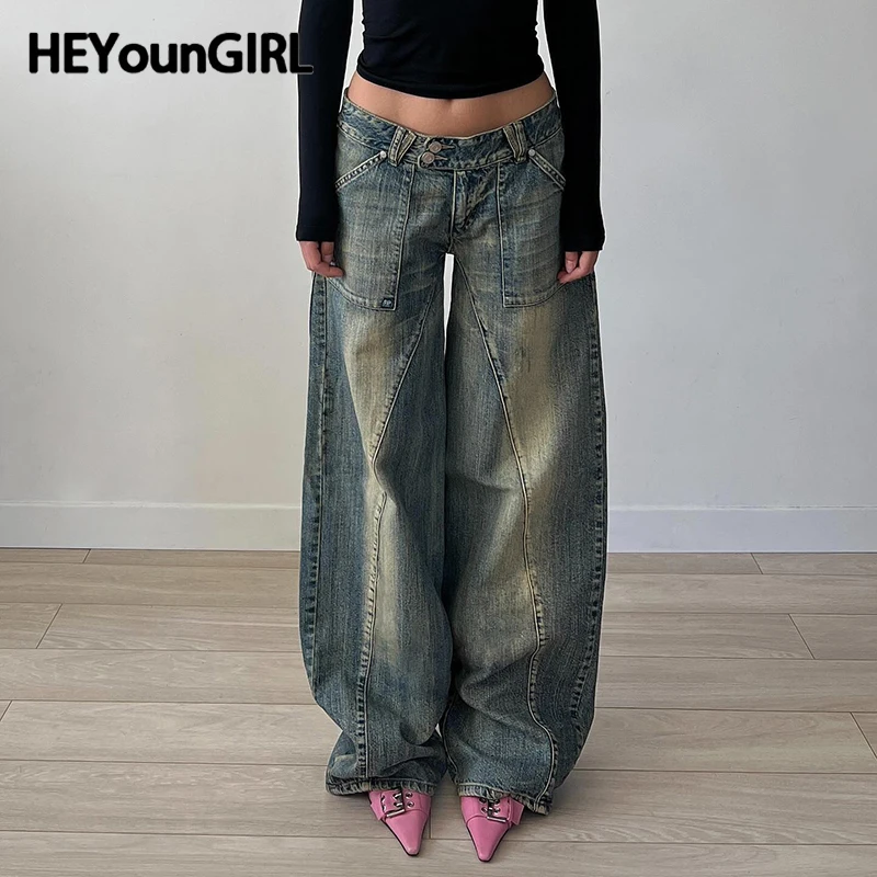 

HEYounGIRL Casual Korean Stylish Baggy Jeans for Women High Street Harajuku Loose Denim Pants Vintage Grunge Wide Leg Trousers