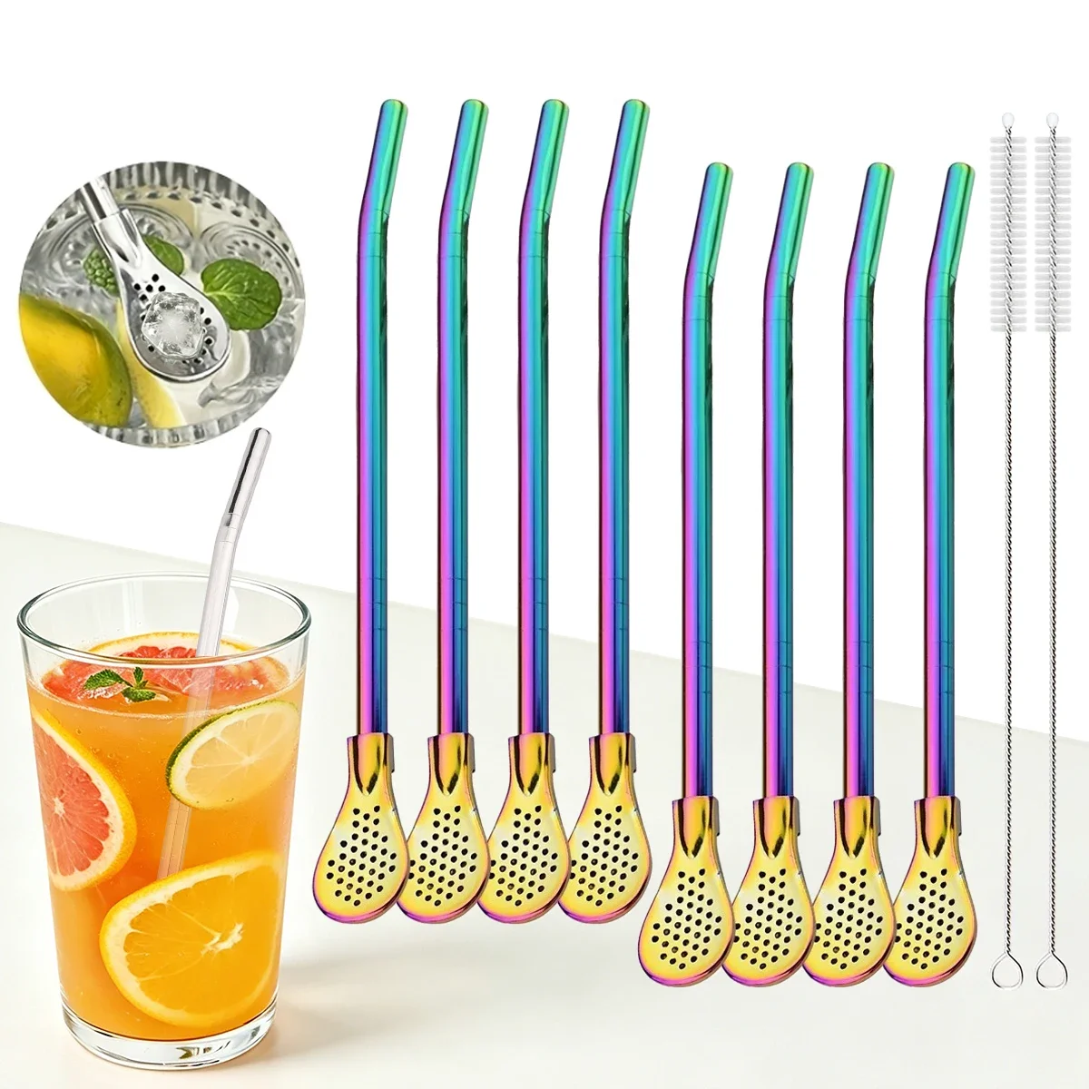 8pcs Reusable Colorful Stainless Steel Straw Set Filter Tea Straw Spoon with 2pcs Brushes Bar Cocktail Tea Coffee Accessories