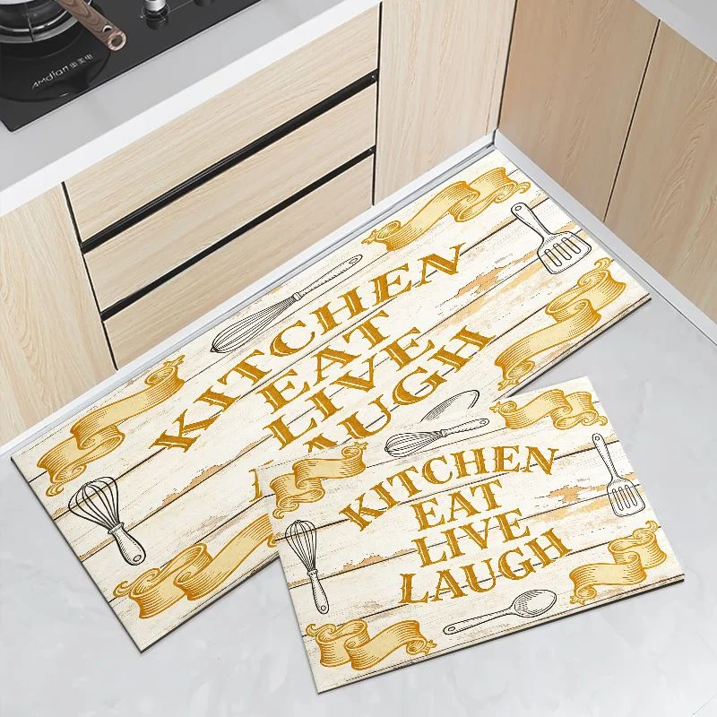 VIKAMA Vintage Golden Ribbon Wood Kitchen Mat Non Slip Waterproof Runner Rug Eat Live Laugh Farmhouse Kitchen Floor Rug Home