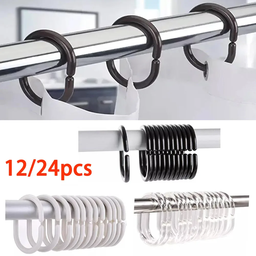 12/24pcs Plastic C Type Shower Curtain Hook Hanger Bath Drape Loop Clip Glide Convenient Replacement Bathroom Accessories