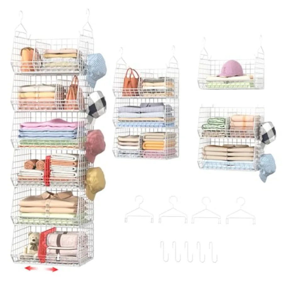

6 Tier Extra Large Hanging Closet Organizer, Closet Storage Hanging with Dividers, Wire Closet Shelf with 5 S Hooks 4 Dividers,