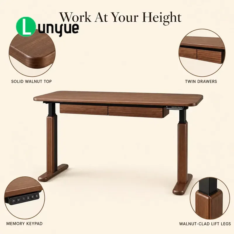 Electric Height Adjustable Standing Desk Black Walnut Finish with Drawers and Control Panel Ergonomic Sit Stand Workstation