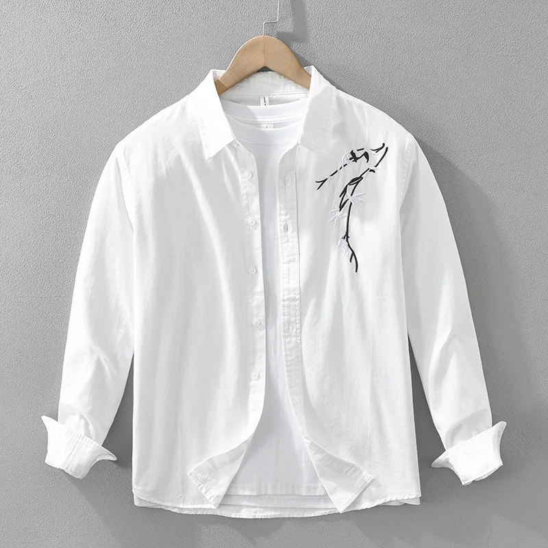 

Elegant Long Sleeve Embroidered Cotton Casual Shirt Men's Spring Autumn Design Trendy Chinese Style Full Cotton Outerwear