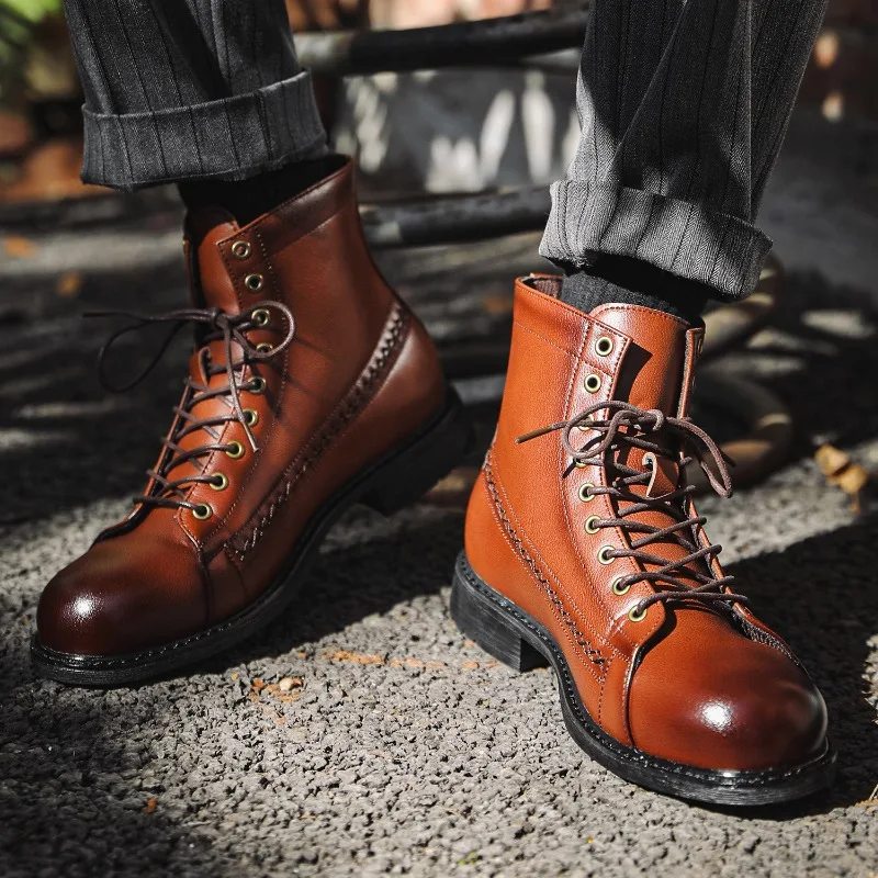 Mens Ankle Boots Classic Handmade Leather Boot Fashion Motorcycle Boots Lace Up Non Slip Trekking Boot Work Safety Boots for Men