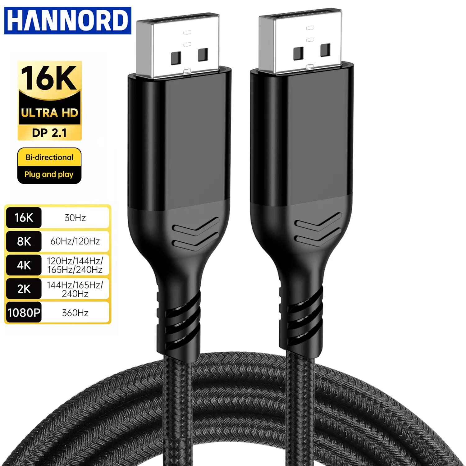 Hannord DP 2.1 Displayport Cable 16K 8K 120Hz 4K 240Hz Video Audio Cable for PC Laptop TV Xbox Projector Gaming Monitor