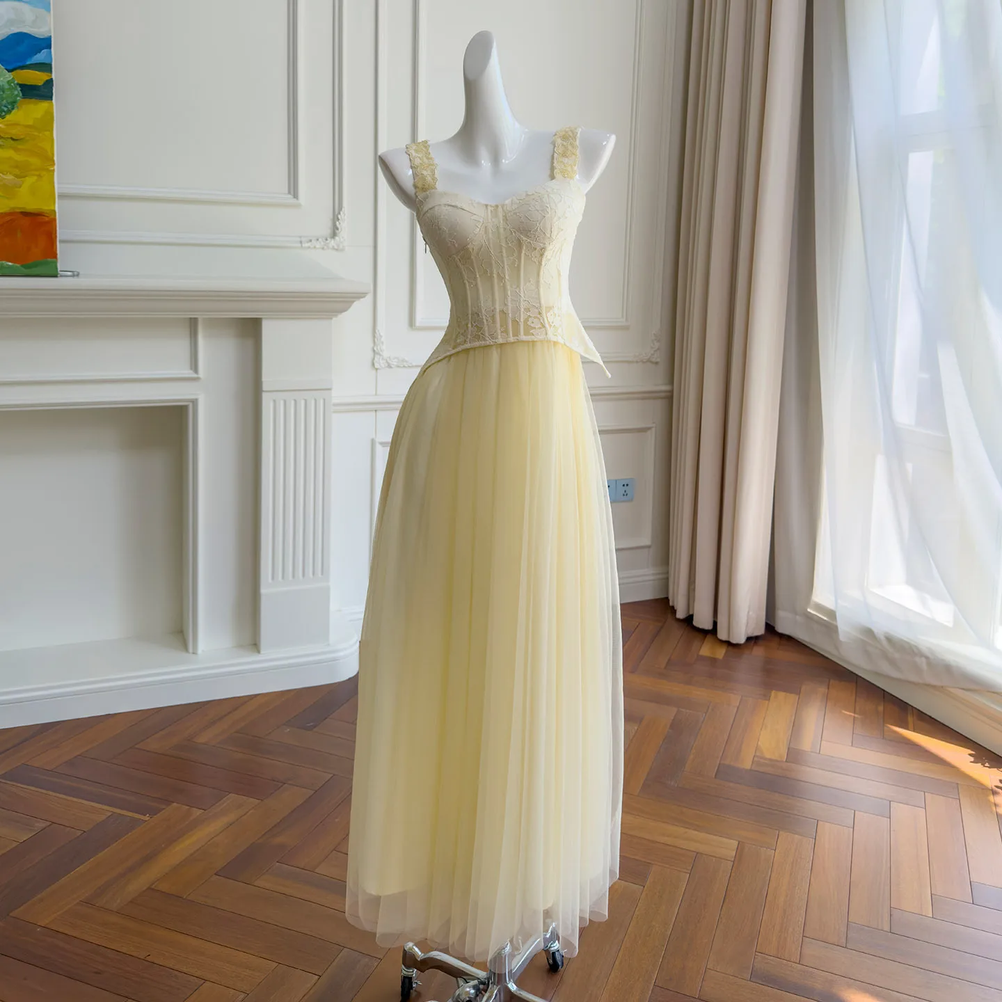 Champagne Yellow Bridesmaid Dress Lace Corset Top Tulle Long Skirt Spaghetti Straps Lace Up Back Fairy Evening Party Dress