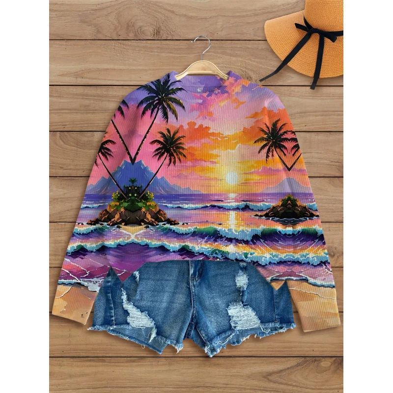 

Tropical Beach Coconut Tree Digital Printing Girl Sweater Knitted Pullover Warm Soft Loose Round Neck Long Sleeve Autumn Winter