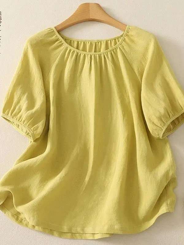 

2025 New Summer Loose Fit Blouse Women Casual Artistic Solid Color Cotton Linen Short Sleeved Shirt for Woman Tops