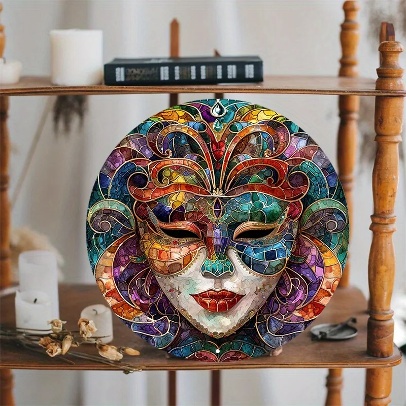 Mardi Gras Masquerade Mask Design, Aluminum Metal Sign, Round, Pre-drilled Holes for Door, Wall or Wreath Decor, 8x8in