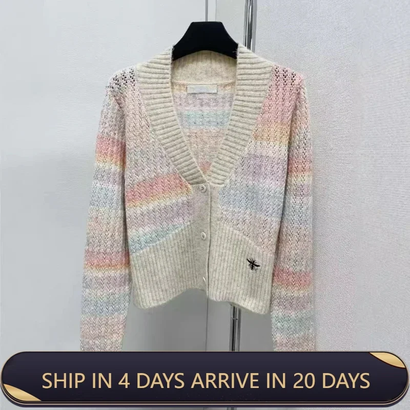 New Arrival Customized Tailor-Made Colorful Knit Sweater with Hollow Out V-Neck Cardigan for Women