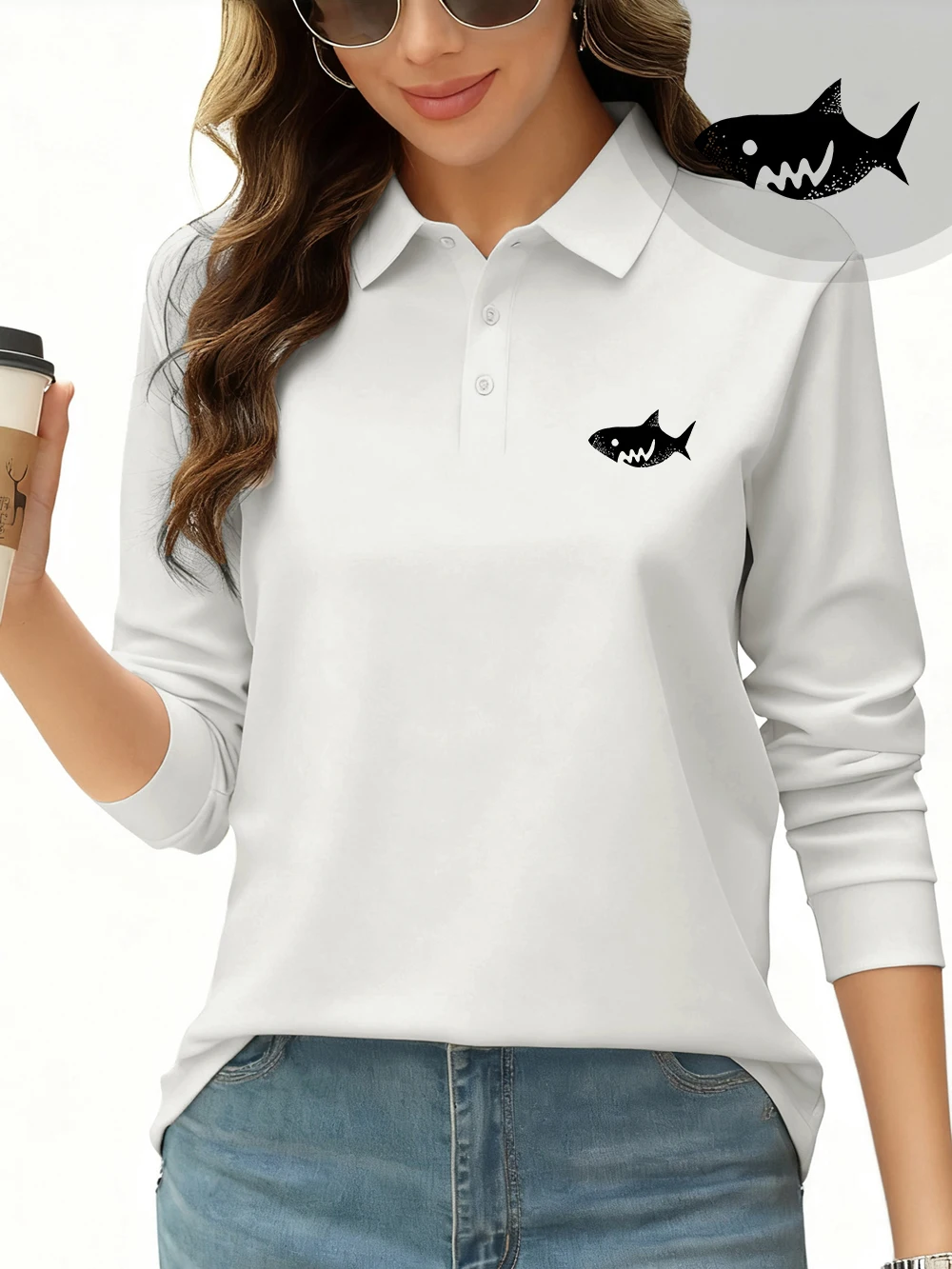 Black Evil Great White Shark Prints Polo Shirt Women Autumn Breathable Tops Commuting Long Sleeves T-Shirts Sporty Woman Clothes