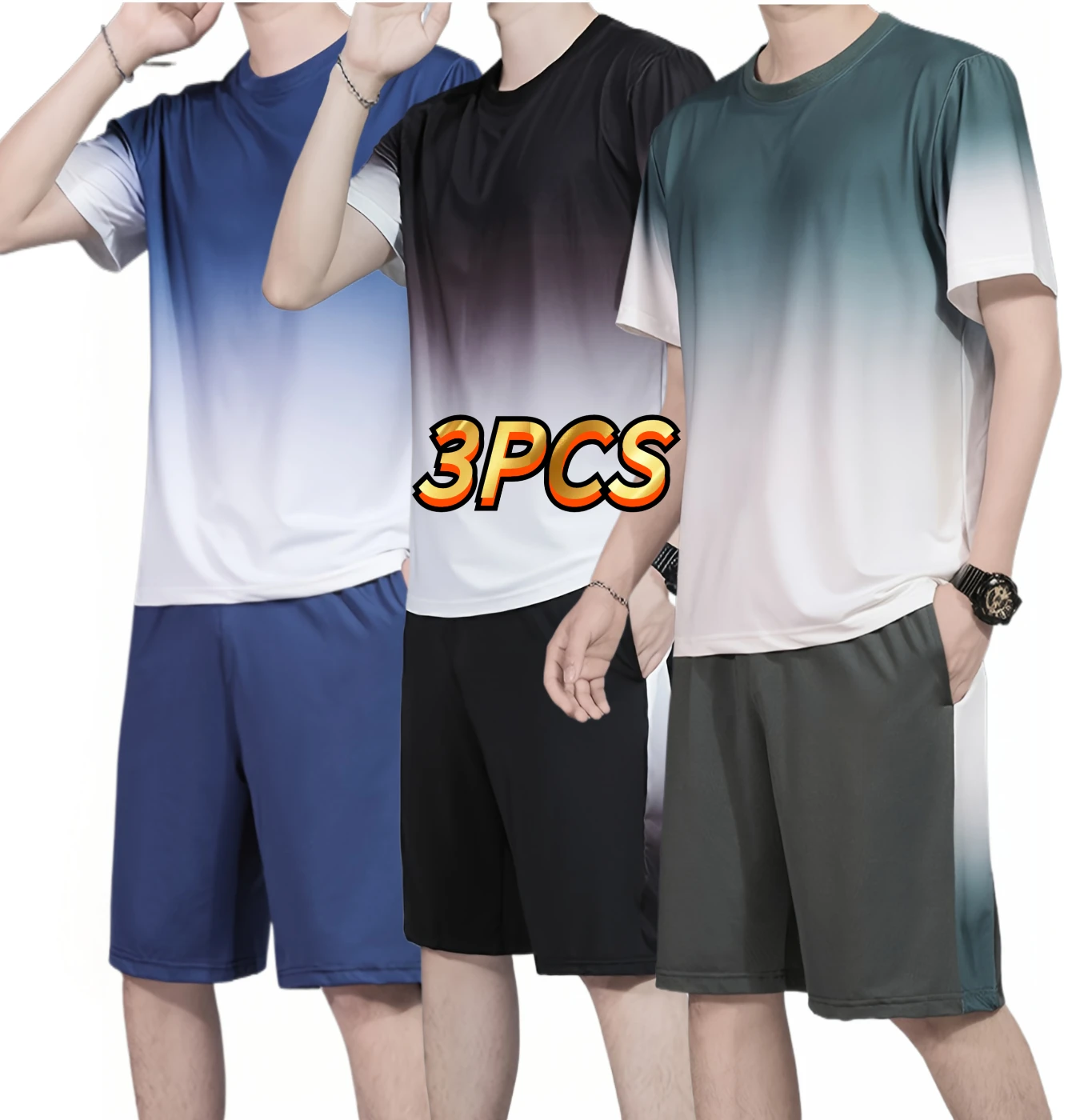 

Men's summer short sleeved gradient quick drying sports suit, two-piece beach suit