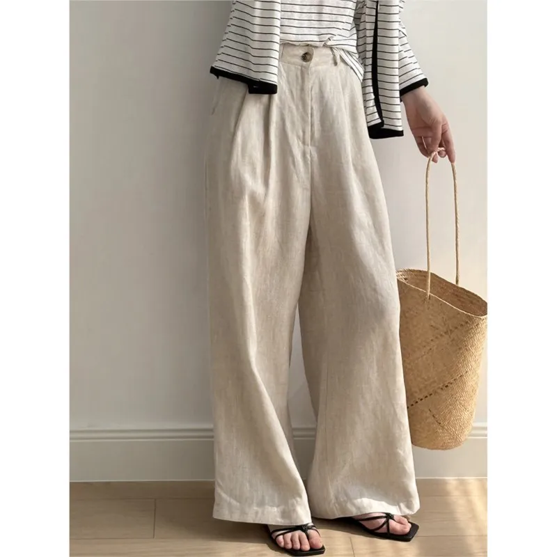 

Johnature French Vintage Linen Floor-length Wide-leg Pants Women Loose Casual Thin Straight-leg Comfortable Pants Summer