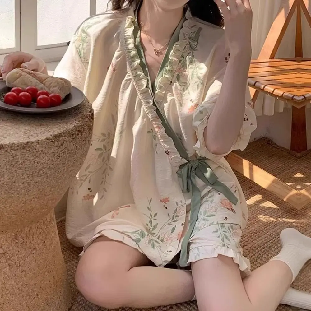 

New Chinese Style Lace Up Pajama Suit Reffle Flower Shorts Sleeve Nightwear V-Neck Women Homewear Two Pieces Sleepwear Sets