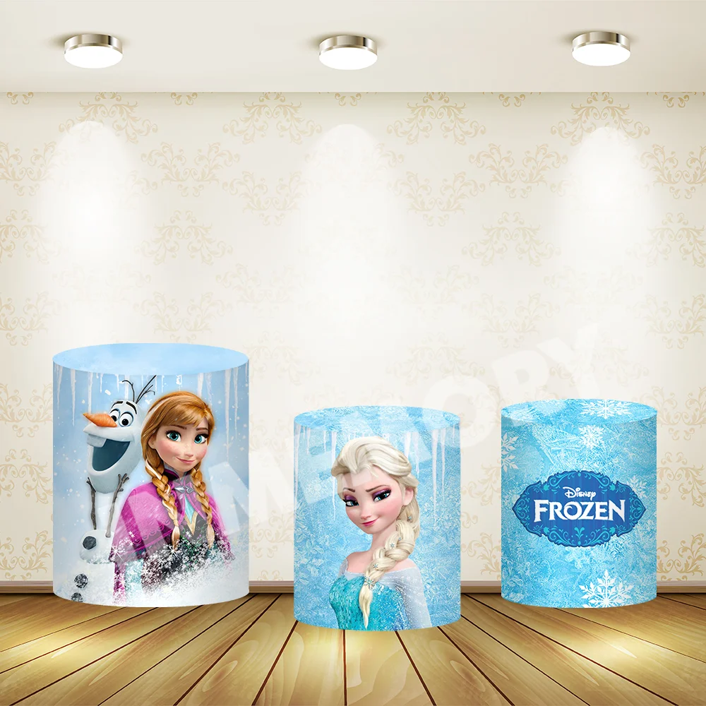 Couverture de toile de fond ronde Disney Anna Elsa, château la reine des neiges, fournitures de fête d'anniversaire pour filles, réception-cadeau pour bébé, couvertures de cylindre de support de gâteau