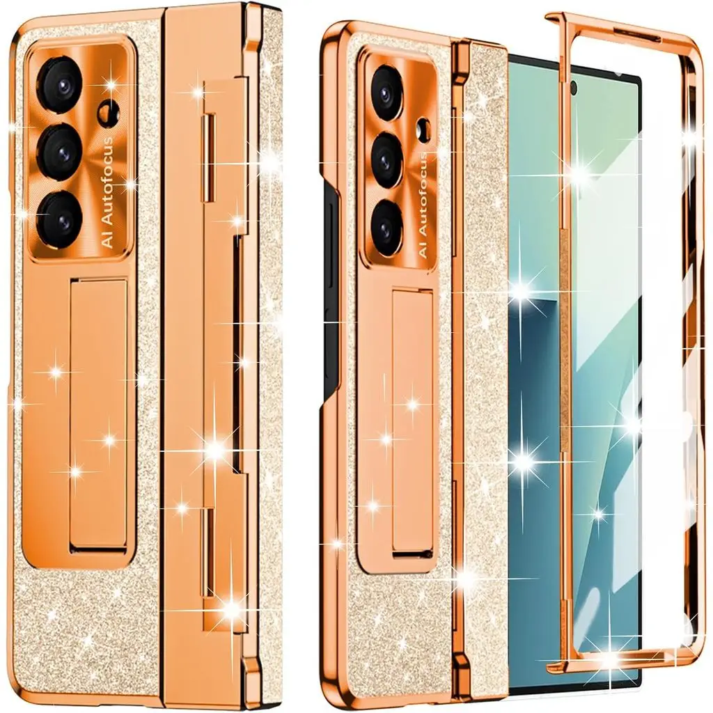 

Suitable for Samsung Galaxy Z Fold 7 phone case, shiny leather phone case with stand, screen protector, hinge protection case