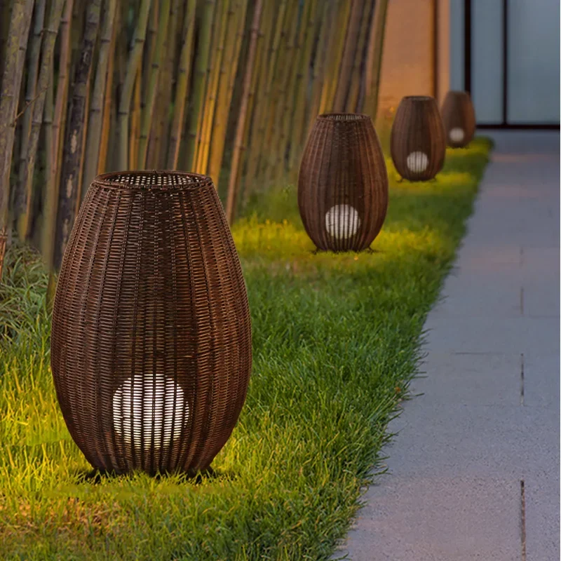 Floor Lamps Asian Natural Rattan Standing Lights Living Room Bedroom and Garden Courtyard Lawn Waterproof Landscape Decor Lights