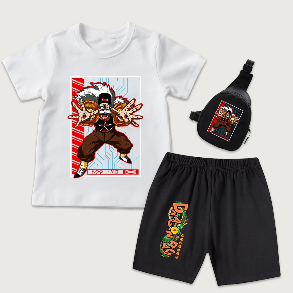 Dbz Dr Gero Print Kids Cotton T Shirt Shorts Mini Chest Bag 3pcs Set Casual Outfit for Boys Girls Summer