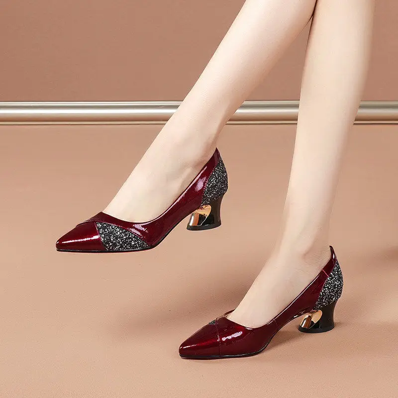 Comemore Women Pumps Pearls Patent Leather Med Heels Chic and Elegant Dress Shoes Crystal Pointed Toe Ladies Shoe Plus Size 41