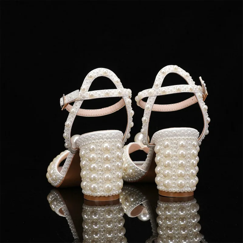Luxury Women's Shoes 2026 New Designer High Heels Thick Heel Shallow Mouth Women's Pearl Sandals Wedding Shoes Bridesmaid Shoes image 4