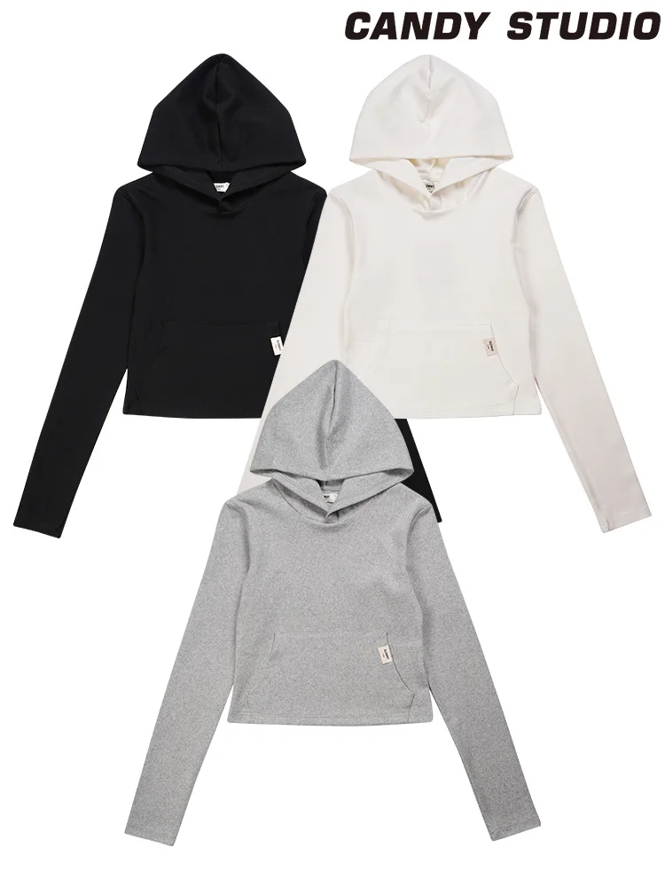 Slim Fit Korean Style Hoodie Long Sleeve Base Layer Shirt Women's Casual Wear All Seasons  Color Short Length Top
