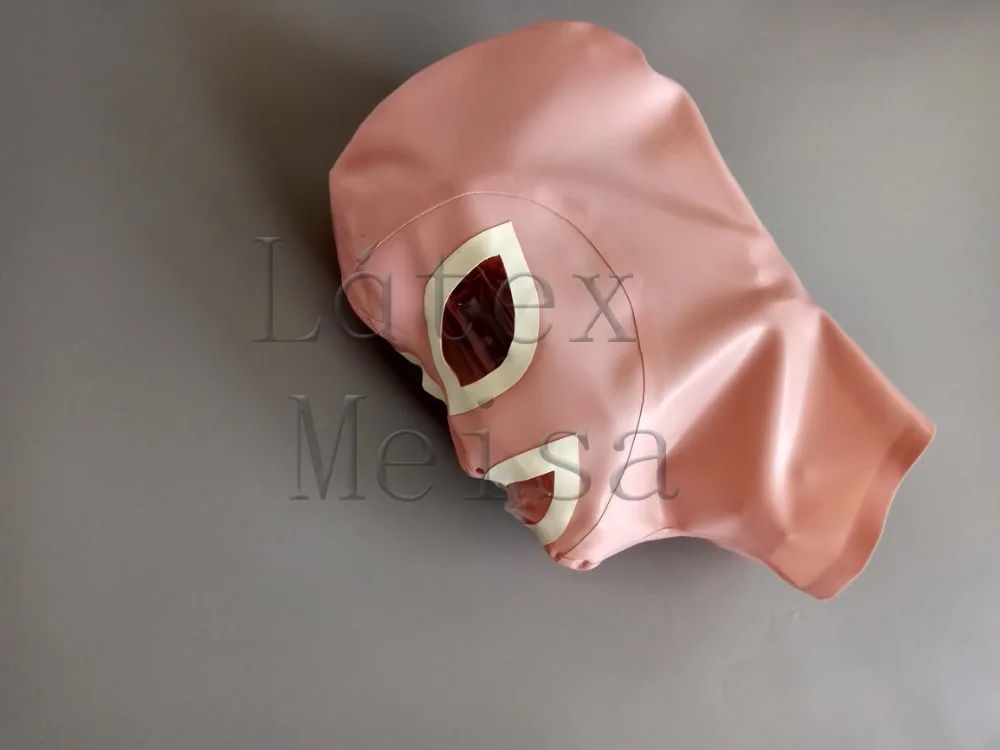 

Latex masks adult's rubber hoods open eyes nostirls and mouth with white trims in baby pink color
