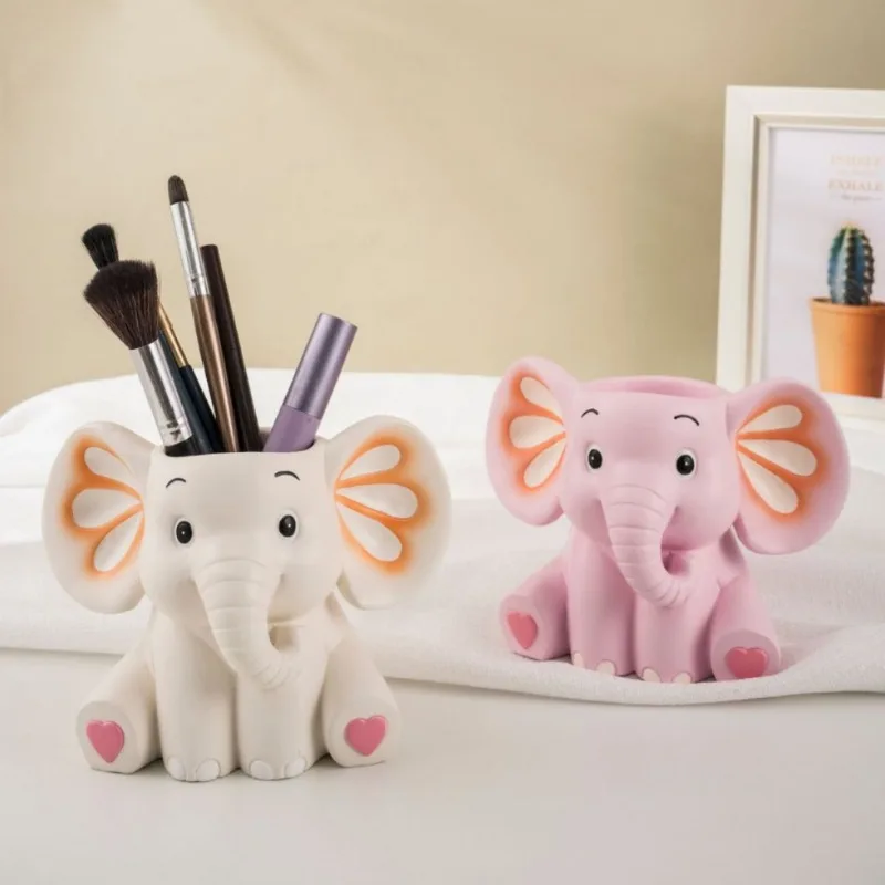 Cute Elephant Pen Holder Storage Box Ornament Home Office Desktop Cartoon Animal Mold Pen Holder Handmade Gift Decoration