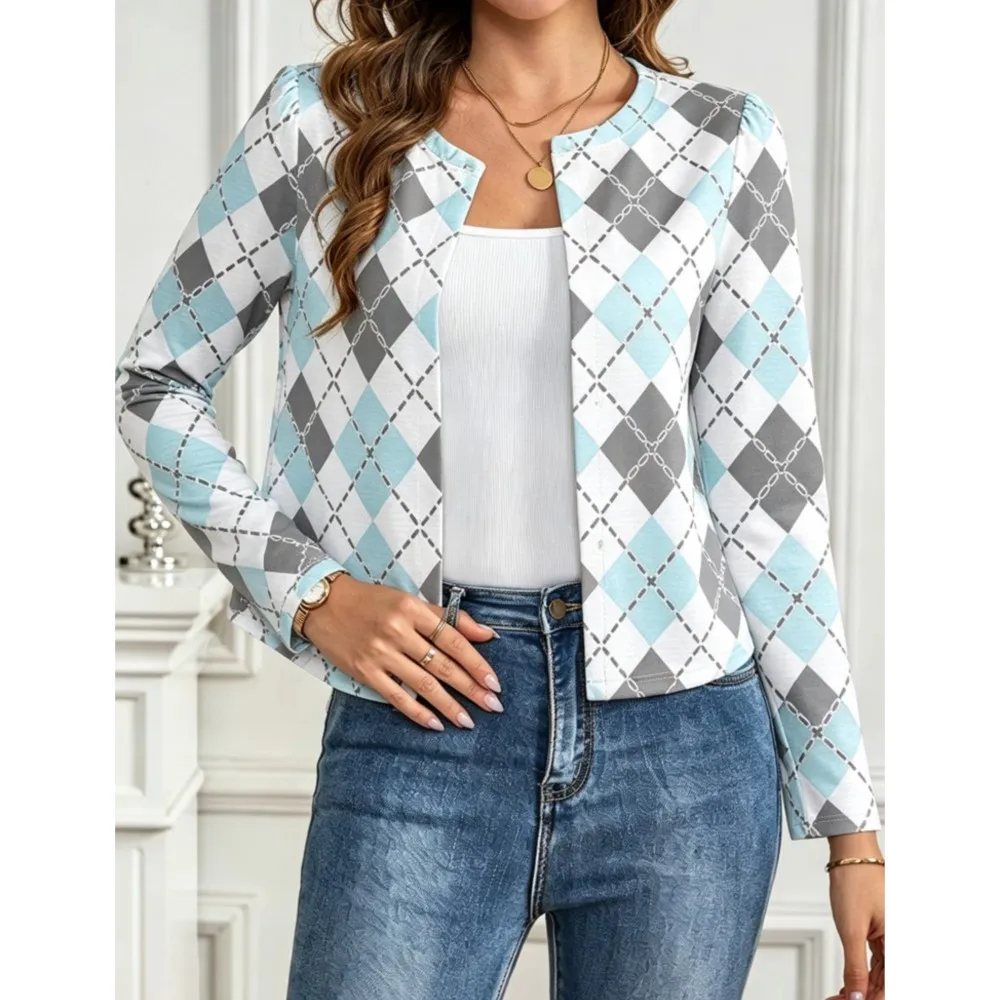 Fall New Printed Casual O Neck Long Sleeved Cardigan Women Short Fashion SIim Simple Elegant Suitable Office Blazer Female Coat 2