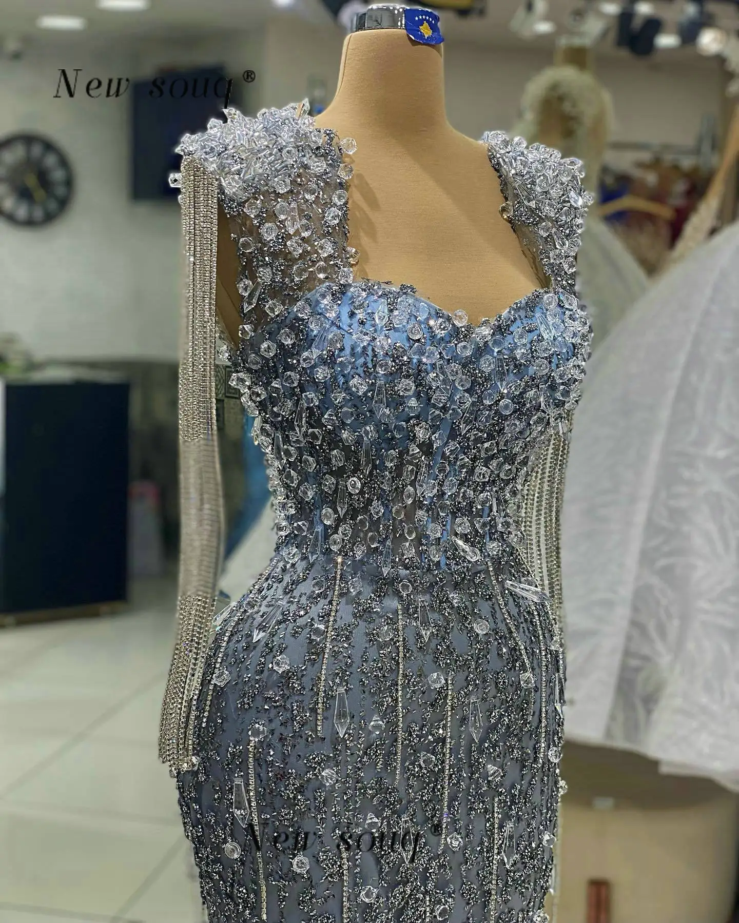 Customized Haze Blue Long Mermaid Evening Dresses with Slit Crystals Chains See Boning Night Party Gowns Arabic Vestidos 2025