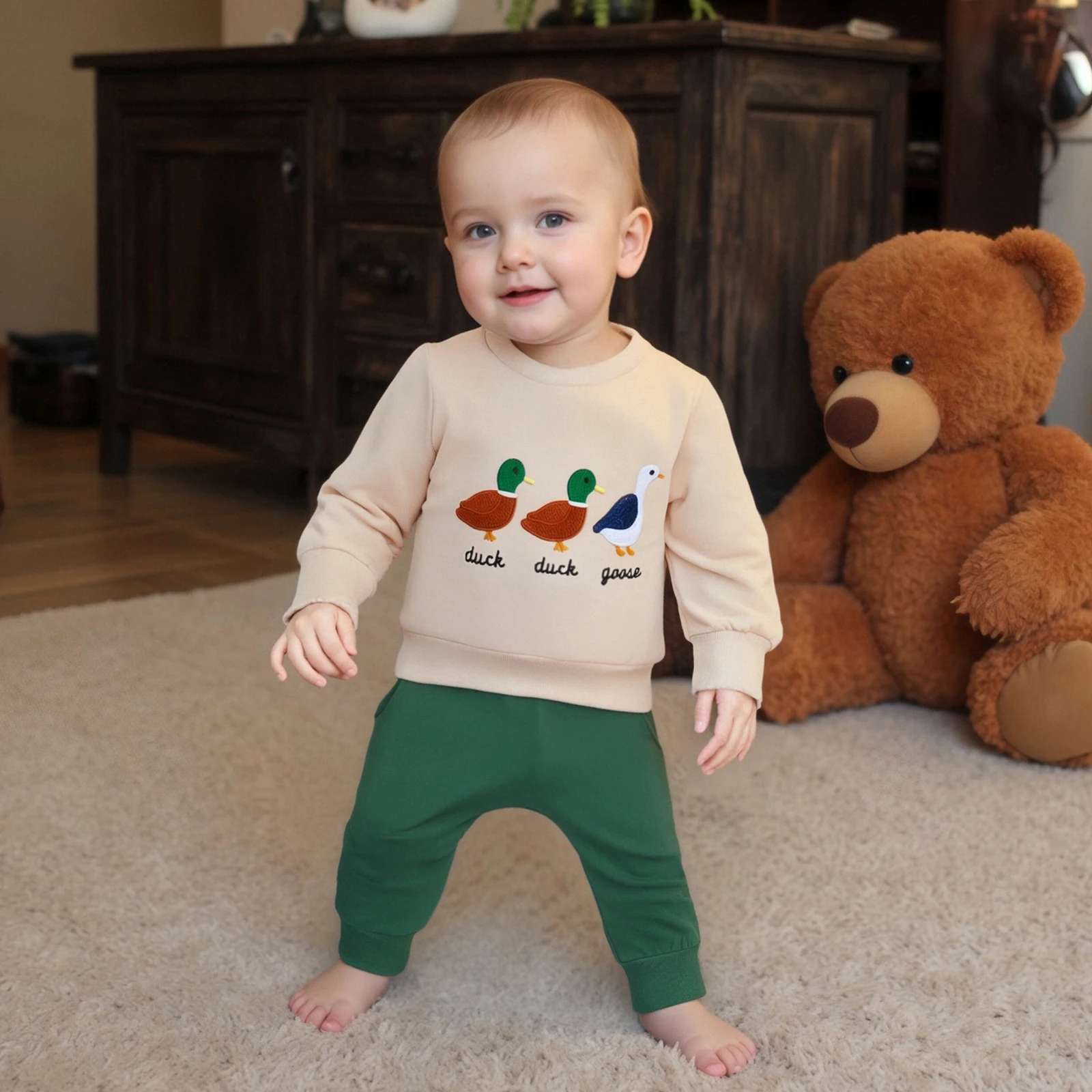 

Baby Clothing Boys Long Sleeve Crew Neck Embroidery Duck Sweatshirt with Elastic Waist Sweatpants Infant Clothes